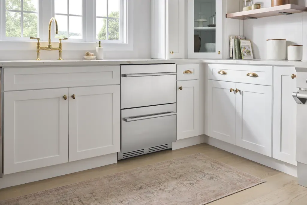White kitchen featuring refrigerator drawers